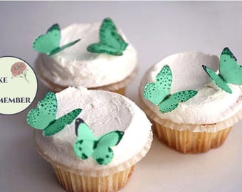 24 green edible butterfly cupcake toppers, greenery wedding cake topper set. 1.25" wide, small shades of green wafer paper for cake pops