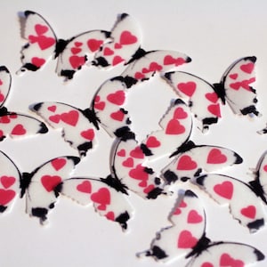 Edible butterflies, 24 white and red hearts for cake or cupcake topper, cake pops. Baby shower, Valentines Day, 1st birthday set image 1