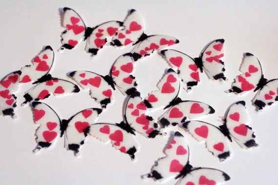 Edible butterflies, 24 white and red hearts for cake decorating, cupcake topper, cake pops. Baby shower, Valentines Day, 1st birthday set Il_570xn