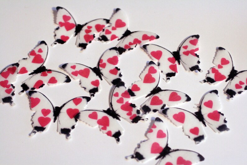 Edible butterflies, 24 white and red hearts for cake or cupcake topper, cake pops. Baby shower, Valentines Day, 1st birthday set image 1