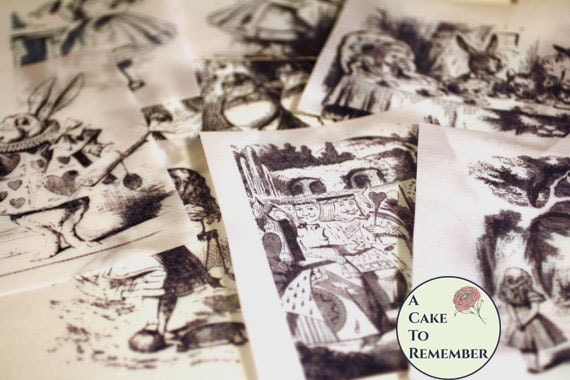 12 Classic Alice Adventures In Wonderland black and white edible pictures 2.5" x 3.5" for vegan cake decorating and cookie decorating Il_570xn