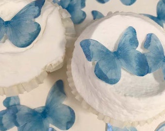 15 blue and shiny blue wafer paper edible butterflies for birthday and baby shower cakes