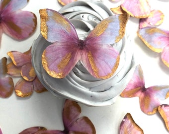 15 pink and gold wafer paper edible butterflies for birthday and baby shower cakes