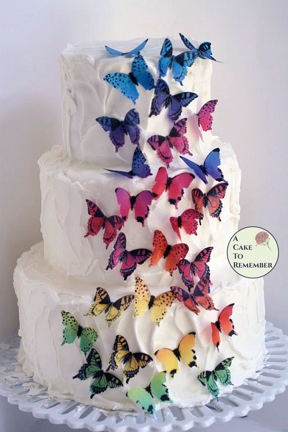 28 adornos comestibles para pasteles o cupcakes de mariposas arcoíris.  Mariposas de papel de oblea de 1.5. Decoración de cumpleaños de jardín  encantado. -  México