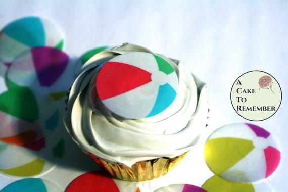 12 beach ball cupcake toppers, edible wafer paper. 1.5" wide, for summer fun pool parties and beach themed cake decorating. Il_570xn