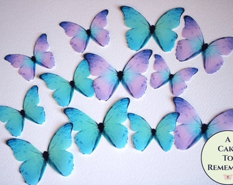 Pink and teal watercolor edible butterflies, 12 wafer paper butterflies for unicorn cake toppers. Cake butterfly for cupcake decorating