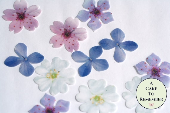 24 wafer paper edible flowers cupcake toppers, 1" across. Edible flowers for wedding cakes and cake pops. Also good for soap embeds. Il_570xn