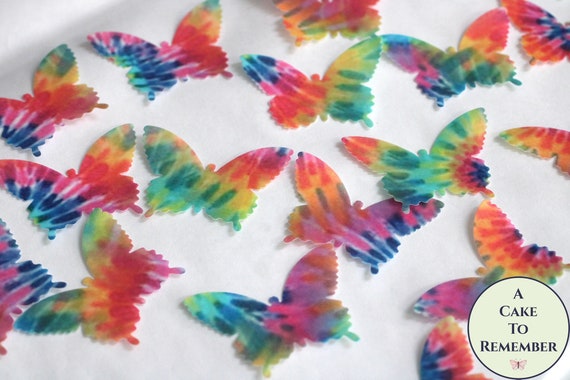 Edible rainbow tie dye butterflies, set of 20 wafer paper butterflies for cake decorating and cupcake decorating. Butterflies for cakes Il_570xn