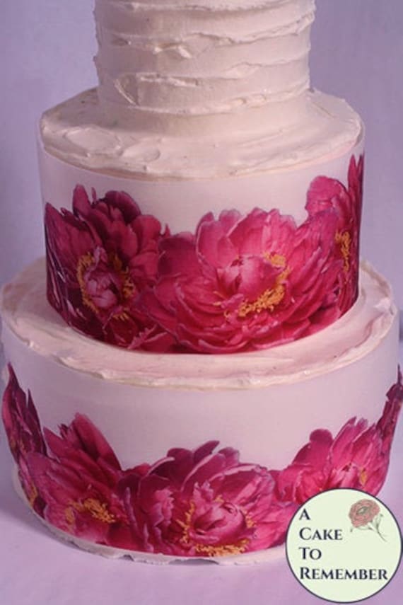 Peony Wafer Paper Cake Floral Border Wrap for Cake Decorating. Edible Paper  to Wrap a Cake Tier With Magenta Peonies, Buttercream or Fondant 