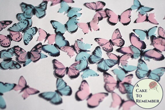 48 small mini pink and blue edible butterflies, 1/2- 3/4" across. Wafer paper butterflies for cupcakes, gender reveal party decor. Il_570xn