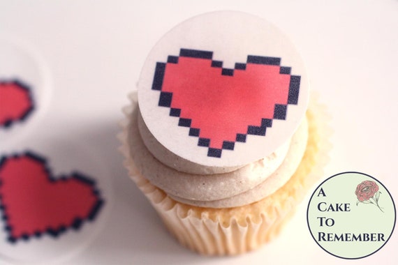 12 Pixel hearts wafer paper images for gamer birthday cupcake toppers. Edible pictures of life hearts for chocolate covered cookies. Il_570xn