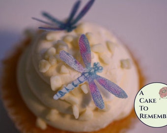 Ships fast  24 detailed edible dragonflies unique cake topper set, 1 1/4" wafer paper dragonflies for cupcake toppers and cookie decorating.