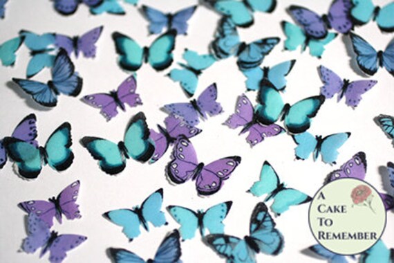 48 small mini teal, blue and purple edible butterflies, 1/2- 3/4" across. Wafer paper butterflies for cake pops, cupcake topper set Il_570xn