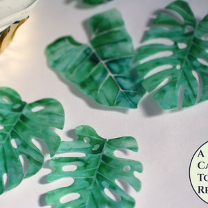 12 tropical leaves edible cupcake toppers, 2 wide. Luau wafer paper Monstera leaves for summer parties or wild one birthday/baby shower Bild 5