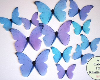 Purple blue watercolor edible butterflies, 12 wafer paper butterflies for wedding cake toppers. Cake butterfly for cupcake decorating