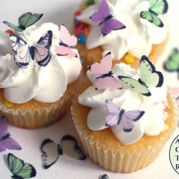 48 small mini butterflies Baby shower cake topper, wafer paper edible butterflies, pink, green and purple for cakes, cupcakes, cake pops.