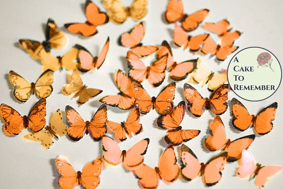 24 small mini orange edible butterflies, 1/2"- 3/4" wide. For cakes or cupcake toppers, cake pops or smash cakes, little wafer paper Il_570xn