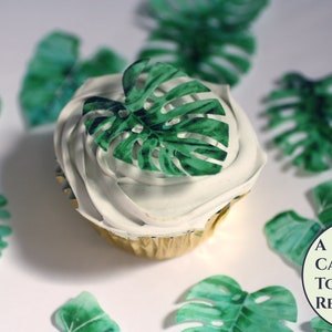 12 tropical leaves edible cupcake toppers, 2 wide. Luau wafer paper Monstera leaves for summer parties or wild one birthday/baby shower Bild 1