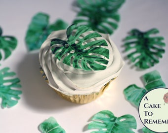 12 tropical leaves edible cupcake toppers, 2" wide. Luau wafer paper Monstera leaves for summer parties or wild one birthday/baby shower