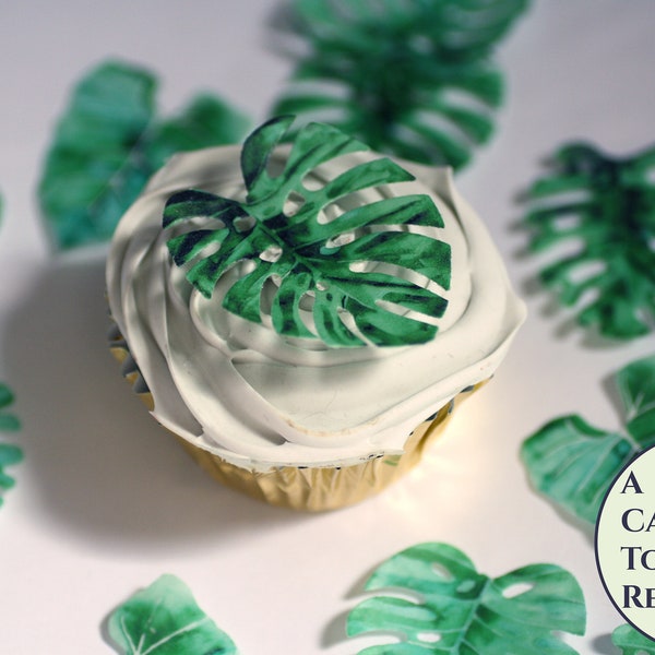 12 tropical leaves edible cupcake toppers, 2" wide. Luau wafer paper Monstera leaves for summer parties or wild one birthday/baby shower