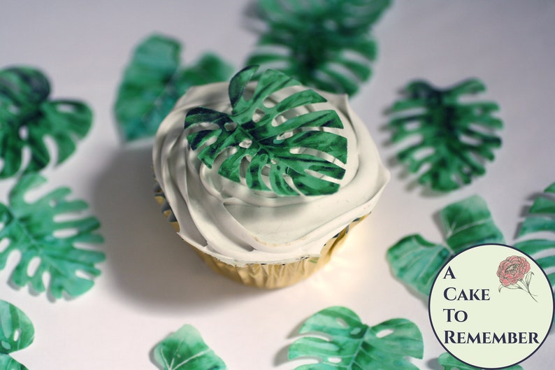 12 tropical leaves edible cupcake toppers, 2 wide. Luau wafer paper Monstera leaves for summer parties or wild one birthday/baby shower immagine 1