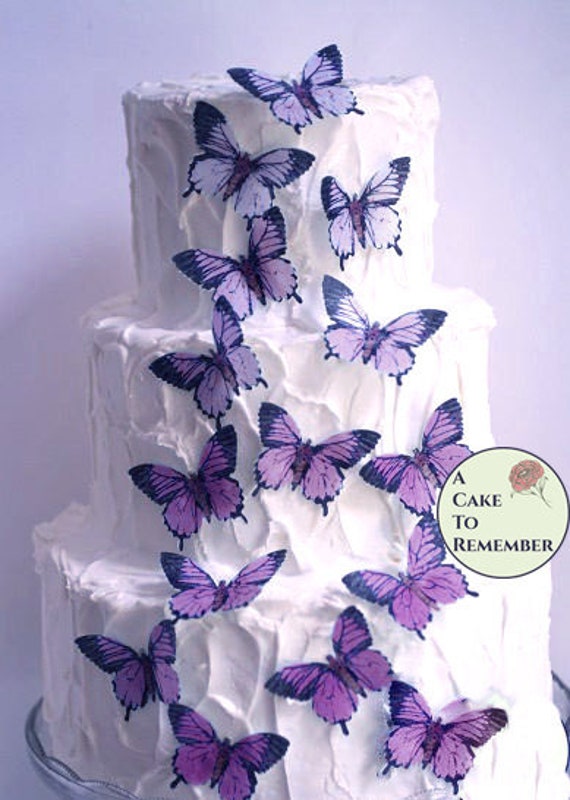 15 grandes mariposas comestibles en ombre púrpura para decorar pasteles.  Primeros de la torta de boda de las mariposas del papel de la oblea,  decoraciones de la magdalena -  México