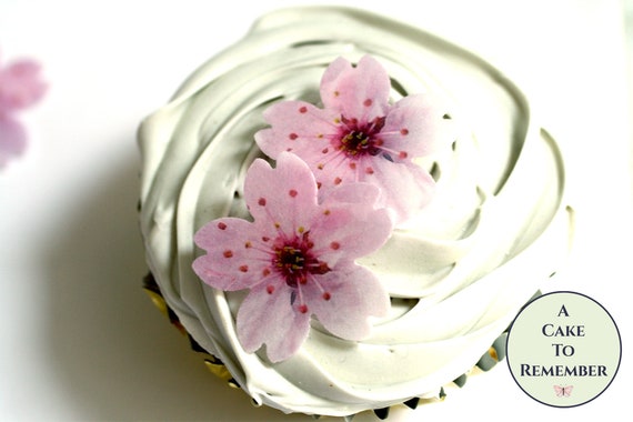 24 fancy wafer paper edible flowers cupcake toppers, 1" across. Cherry blossoms for wedding cakes and cake pops. Also good for soap embeds. Il_570xn