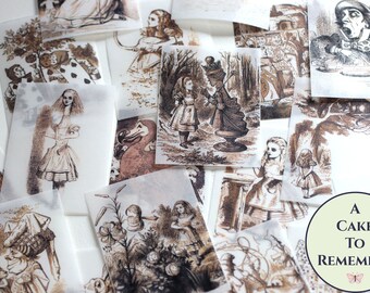 18 all vertical SEPIA tone Classic Alice Adventures In Wonderland edible pictures 2.5" x 3.5" for vegan cake and cookie decorating