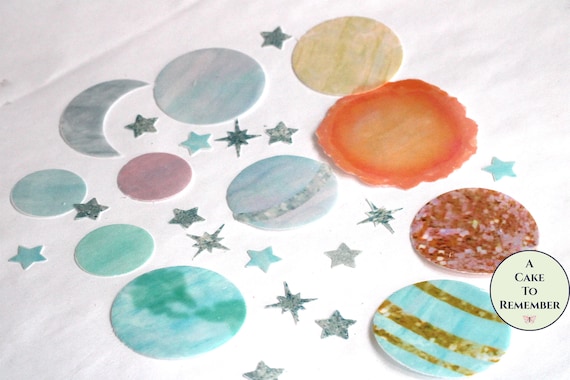 Precut edible planets, sun, and stars for First Year Around The Sun or Two the Moon cakes. Wafer paper outer space birthday decorations. Il_570xn