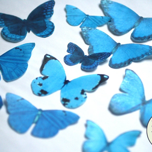 Ships fast   12 large  blue edible butterflies for baby showers or birthday cake decor ideas. Wafer paper set in shades of blue