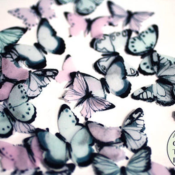 24 small mini pink blue, lavender edible butterflies set, pastel goth birthday ideas 1/2"-3/4" sized cake or cupcake topper, cake pops