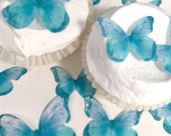 15 teal and shiny teal wafer paper edible butterflies for birthday and baby shower cakes