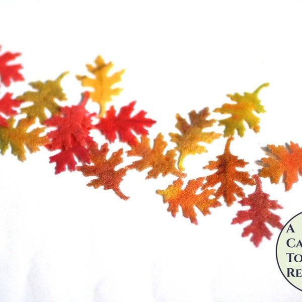 48 tiny watercolor edible autumn colored leaves for mini cupcake toppers, color on both sides .5" wafer paper. Oak leaves wafer paper