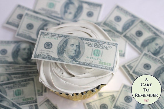 24 little precut 100 dollar bill cupcake toppers. 2.5" long edible money image wafer paper for cake decorating. Precut edible fake money. Il_570xn