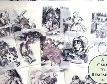 18 all vertical black and white Classic Alice Adventures In Wonderland edible pictures 2.5" x 3.5" for vegan cake and cookie decorating