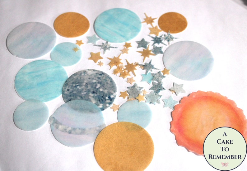 Precut edible planets and stars for First Trip Around The Sun birthday cake decorating topper. Wafer paper outer space birthday decorations. 