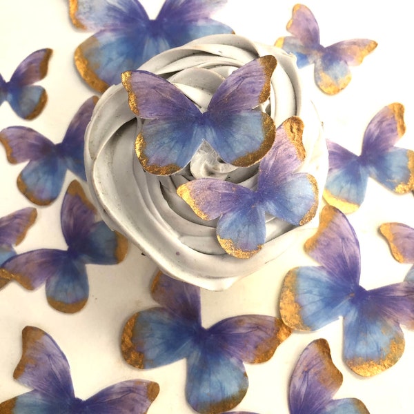 15 purple and gold wafer paper edible butterflies for birthday and baby shower cakes