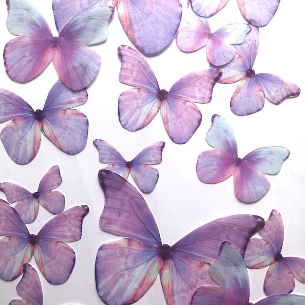 15 lavender wafer paper edible butterflies for cake and cupcake toppers, assorted sizes. Butterfly decor for birthdays and baby showers