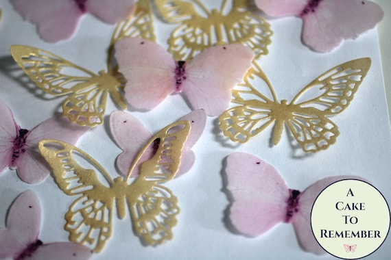 24 pink and gold edible butterflies in assorted sizes. Butterfly birthday cupcake toppers for princess cakes and girl baby showers. Il_570xn
