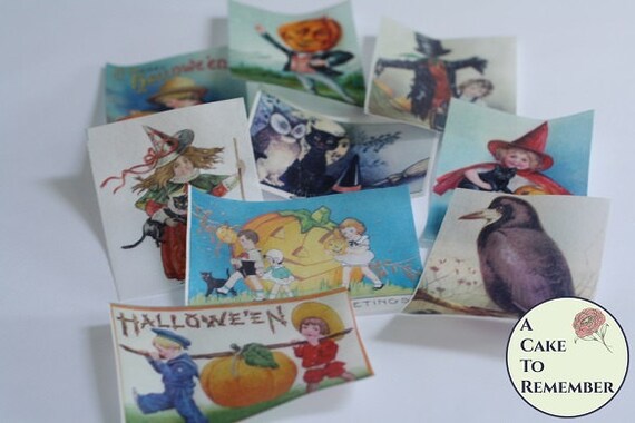12 vintage Halloween cookies edible wafer paper images for cookies or cupcakes. Printed wafer paper for Halloween cookie decorating. Il_570xn