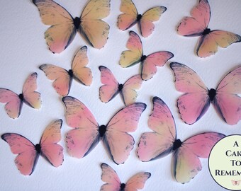 Peachy pink orange watercolor edible butterflies, 12 wafer paper butterflies for wedding cake toppers. Cake butterfly for cupcake decorating