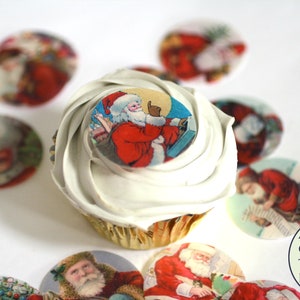 Small Christmas cupcake toppers, 24 vintage Santa edible wafer paper images for cookie decorating or cake toppers. 1.5" wide