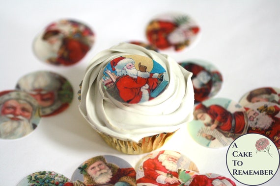 Small Christmas cupcake toppers, 24 vintage Santa edible wafer paper images for cookie decorating or cake toppers. 1.5" wide Il_570xn
