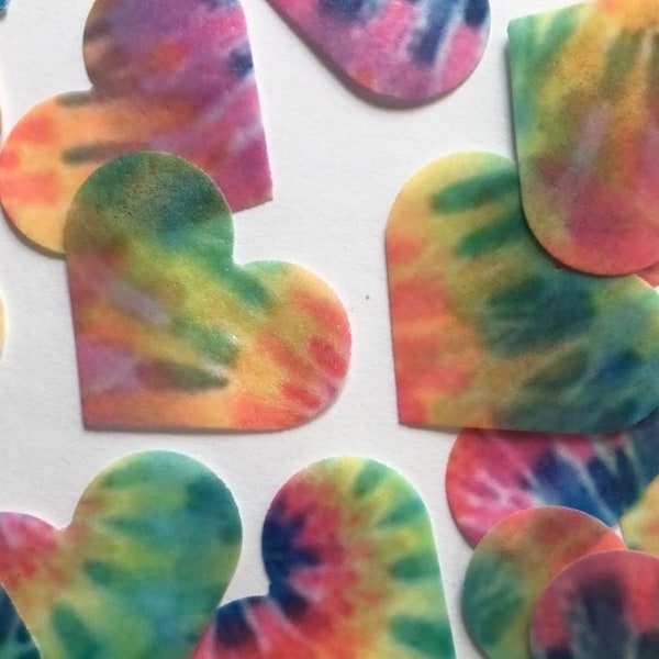 Edible  rainbow tie dye hearts, set of 30 wafer paper hearts for cake decorating and cupcake decorating. Hearts for cakes