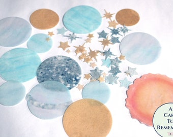 Precut edible planets and stars for First Trip Around The Sun birthday cake decorating topper. Wafer paper outer space birthday decorations.