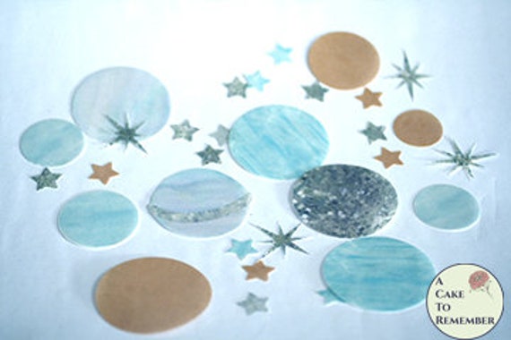 Precut edible watercolor planets and gold stars for cake decorating. Wafer paper outer space or galaxy birthday cake decorations. Il_570xn