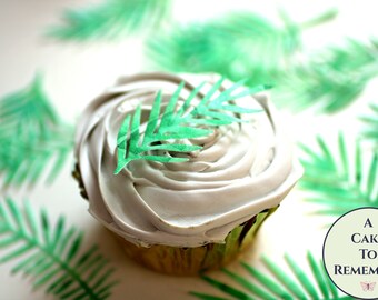 Ships fast- 12 Palm leaf edible wafer paper cupcake toppers for tropical party themed birthday cakes. Jungle birthday cake decorations