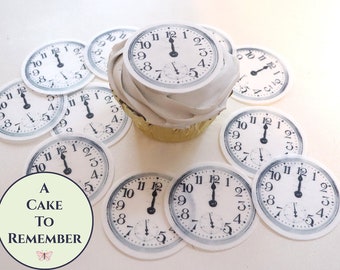 12 Midnight Clock faces wafer paper images for New Year's Eve cupcake toppers or cookies, 2" pocketwatch. Twelve o'clock Edible picture