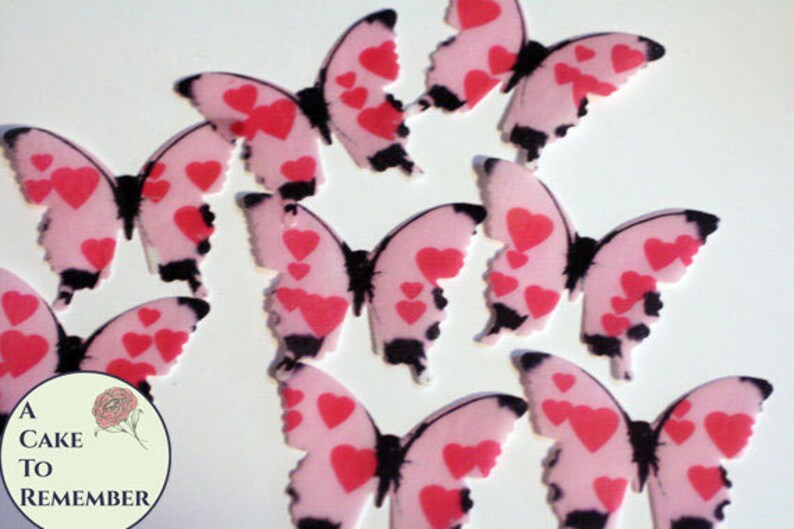 Edible butterflies, 24 white and red hearts for cake or cupcake topper, cake pops. Baby shower, Valentines Day, 1st birthday set image 3