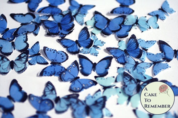24 small mini blue edible butterflies, wedding cake topper set. Paper butterflies, wedding cake topper, waferpaper butterflies, cake pops Il_570xn